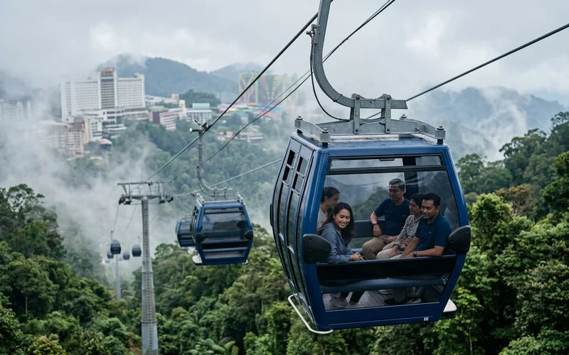 Cable car gondolas rising through mist towards Genting Highlands