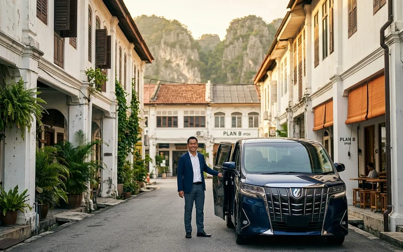 Ipoh old town colonial street with limestone hills behind