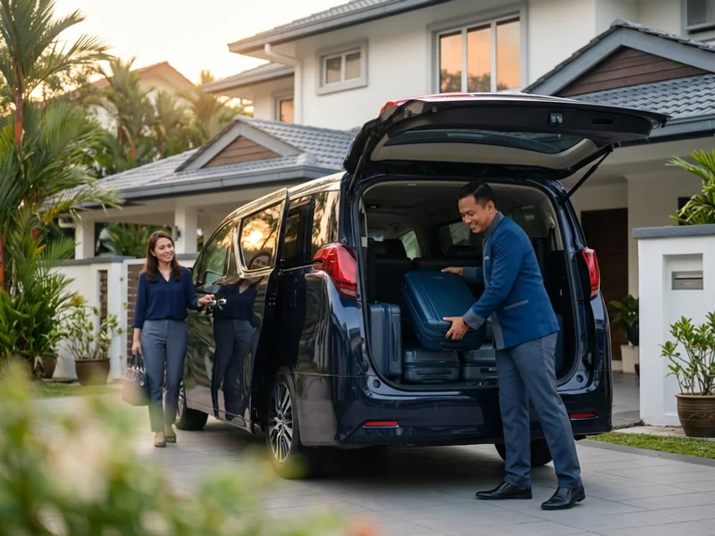Chauffeur loading suitcases into an MPV outside a hotel