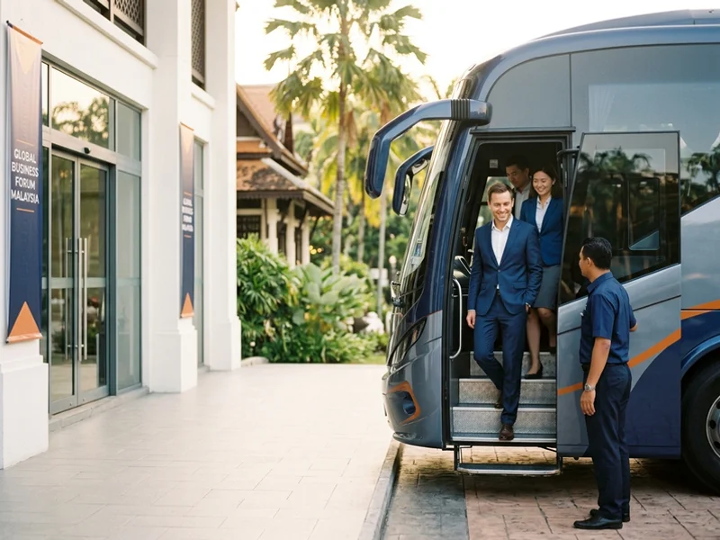 Corporate delegates stepping out of a private vehicle