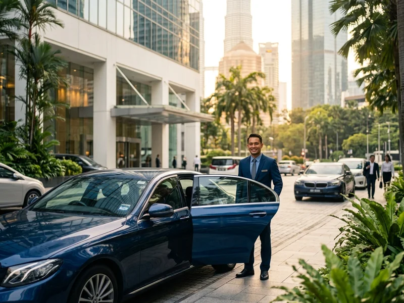 Navy sedan waiting outside a glass office tower in Petaling Jaya