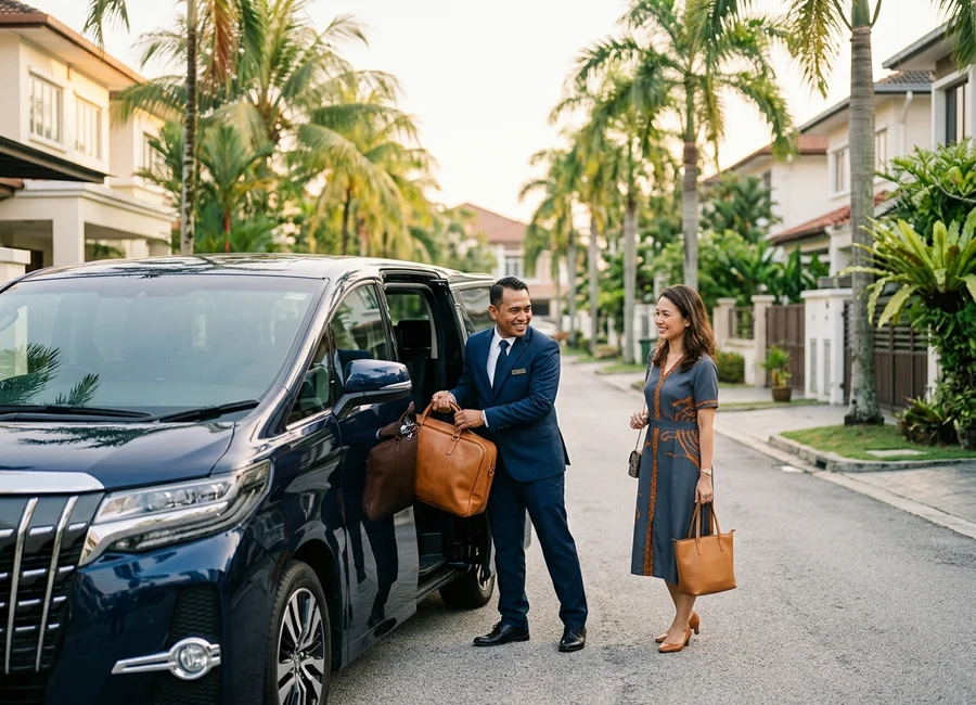 Chauffeur helping a passenger with luggage beside the vehicle